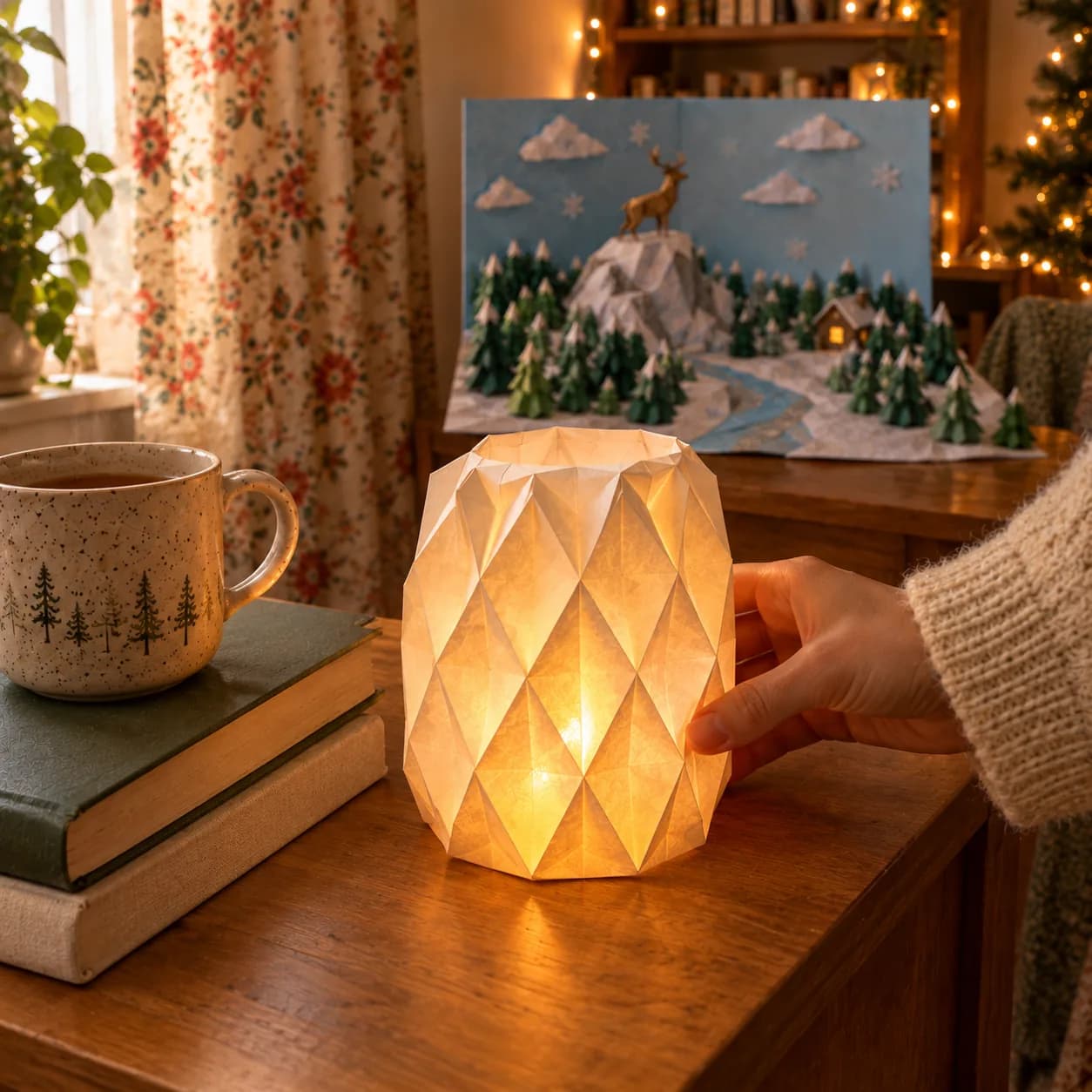 A faceted folded-paper lantern glowing warm on a wooden side table, a hand resting against it, next to a tea mug on a stack of books, with the winter scene softly out of focus behind it.