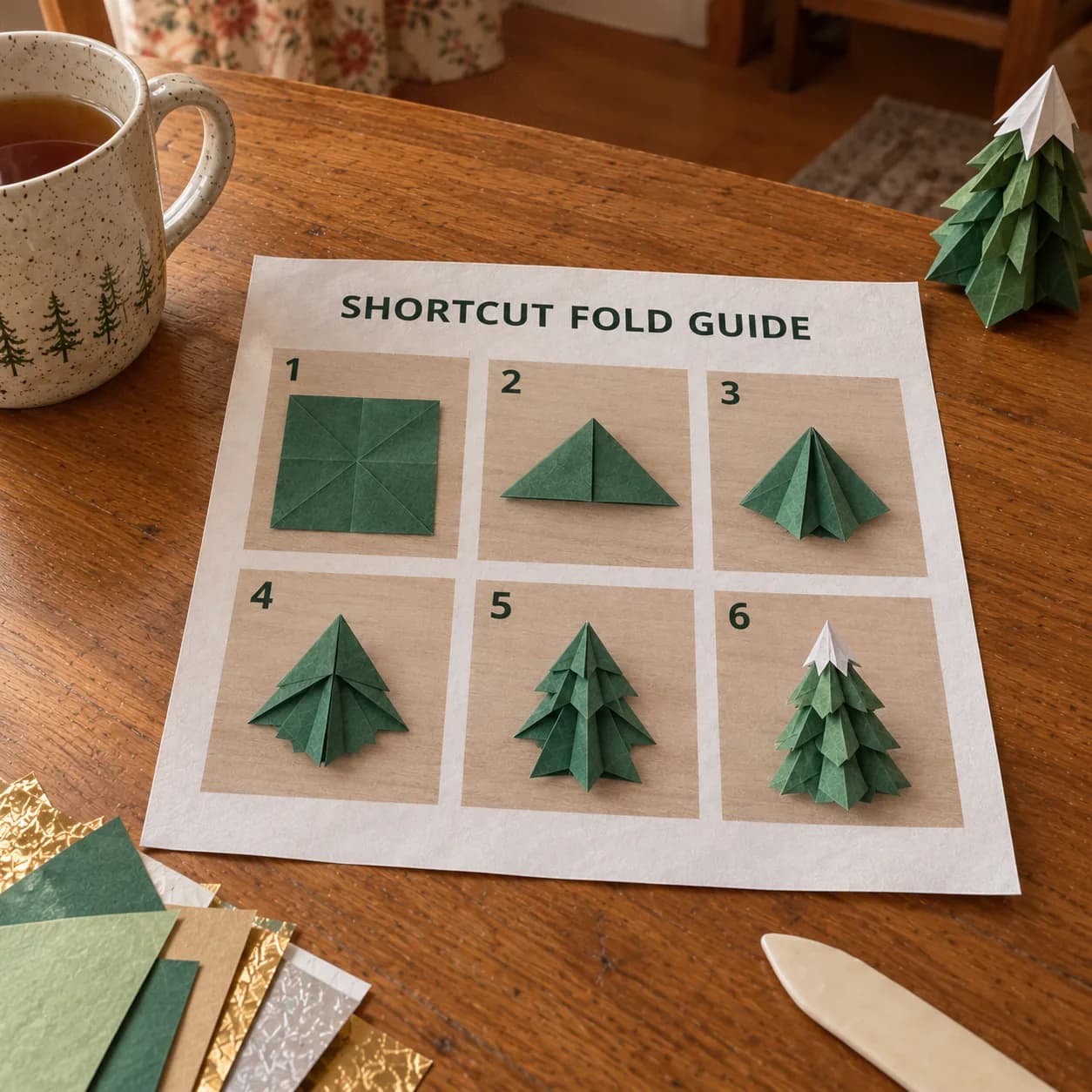 A printed sheet titled Shortcut Fold Guide lying on the wooden table, with six step-by-step photos of a pine tree being folded, next to a tea mug, a finished tree, a stack of paper and a bone folder.