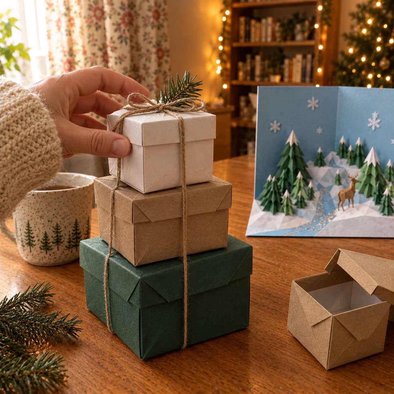Three folded paper gift boxes with lids stacked on the wooden table, in green, kraft and white paper, tied with twine and a sprig of pine, with a hand straightening the top one. An open kraft box and its lid sit beside them, and the winter scene stands in the background.