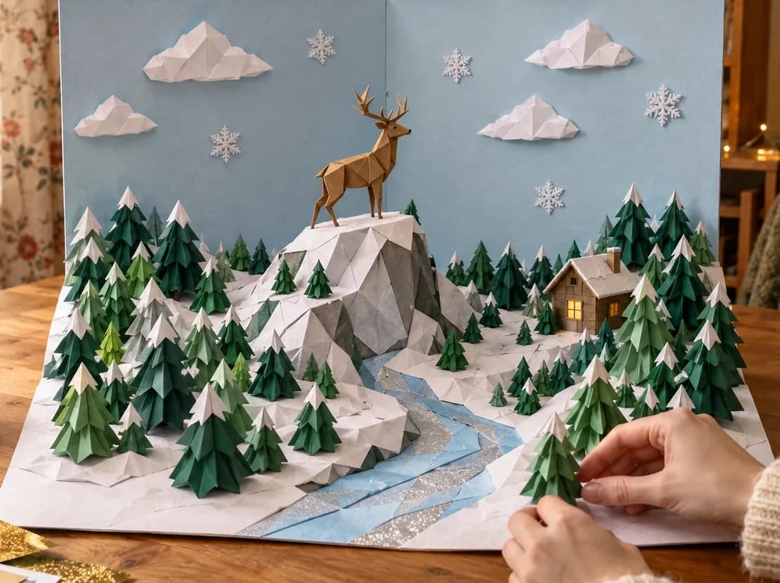 A finished paper winter scene on a wooden table: an origami stag in kraft paper stands on a snowy, faceted mountain peak, surrounded by folded pine trees with white snowy tips, a small cabin with glowing windows and a river of blue and silver paper, under a pale blue sky with paper clouds and snowflakes. A pair of hands in a cream sweater is placing the last tree.